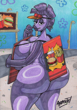 advertisement big_breasts big_butt billboard black_eyes breast_squish breasts burger butt container cup eyelashes female fin flower_cloud_(spongebob) food fries hair huge_breasts huge_butt lips looking_at_viewer looking_back looking_back_at_viewer mohawk narrowed_eyes nude purple_body purple_fin purple_hair purple_lips purple_skin rear_view road sand squish text thick_lips thick_thighs parasitedeath nickelodeon spongebob_squarepants violet_(parasitedeath) aquatic fish artist_name hi_res signature