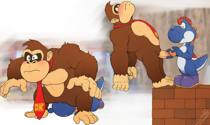 accessory anthro balls blush clothing crouching duo erection feet fingers footwear fur genitals glans hand_on_penis holding_penis humanoid_genitalia humanoid_penis male male/male mostly_nude necktie necktie_only nude pecs penis prehensile_feet shoes simple_background standing toes tongue tongue_out likangel donkey_kong_(series) mario_bros nintendo donkey_kong_(character) ape blue_yoshi gorilla haplorhine mammal primate yoshi digital_media_(artwork) hi_res