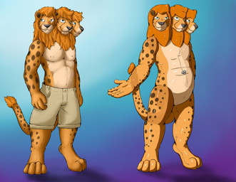 3_heads anthro bottomwear clothed clothing digitigrade gradient inflatable male mane multi_head nozzle partially_clothed pool_toy shorts solo topless lugus pythos_cheetah animate_inanimate cheetah felid feline hybrid lion living_inflatable mammal pantherine