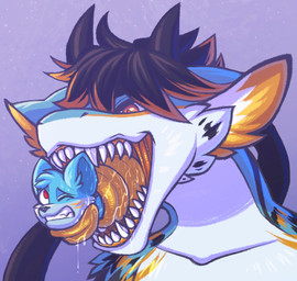 2_horns anthro anthro_pred anthro_prey black_body black_fur black_hair black_horn black_nose blue_background blue_body blue_ears blue_fur bodily_fluids clenched_teeth collarbone duo fur hair horn in_mouth male male_anthro male_pred male_prey multicolored_body multicolored_fur multicolored_hair oral_vore orange_body orange_fur orange_hair orange_inner_ear orange_insides orange_tongue pupils red_eyes red_pupils saliva saliva_on_tongue sharp_teeth simple_background size_difference snout teeth tongue tongue_around_body two_tone_hair two_tone_inner_ear vore white_body white_fur white_inner_ear bluestripedrenulian mythology canid canine dragon furred_dragon furred_scalie mammal mythological_creature mythological_scalie scalie 2026 hi_res