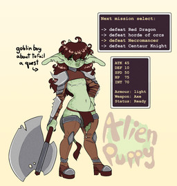 armor axe big_ears big_penis bodily_fluids bottomwear clothed clothing dripping exaggerated_mastectomy_scar fantasy femboy flaccid gameplay_mechanics genital_fluids genitals greataxe loincloth male mastectomy_scar penis precum precum_drip scar size_difference skimpy smaller_male solo text unconvincing_armor weapon aliendogfreak lucky_(aliendogfreak) goblin humanoid english_text hi_res trans_(lore) trans_man_(lore)