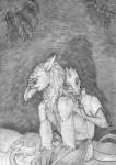 anthro backrub bed bottomwear clothed clothing duo furniture male on_bed pants sittings topless faellin mythology prode rukhgert_stern avian gryphon kobold mythological_avian mythological_creature cross-hatching greyscale hatching_(art) hi_res monochrome shaded traditional_media_(artwork)