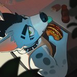 anthro biped blue_body blue_fur burger clothing countershade_fur countershading eating food fur green_eyes looking_at_viewer male shirt solo tank_top topwear white_body white_countershading white_fur ankorthewolf hyena mammal 2024 absurd_res hi_res