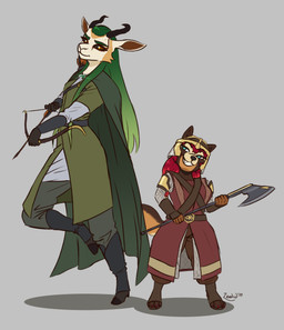 2_horns 5_fingers anthro armor axe battle_axe belt_buckle black_sclera blue_eyes bow_(weapon) bronze_(metal) bronze_armor buckle cape clothing coat cosplay crooked_horn crossbelt digitigrade duo ears_through_headwear fantasy female fingers fur green_cape green_clothing green_hair grin grinning_at_partner hair headgear helmet highlights_(coloring) holding_battle_axe holding_bow_(weapon) holding_melee_weapon holding_object holding_ranged_weapon holding_weapon horn leather leather_clothing leather_coat leather_gauntlets leather_topwear leg_wraps long_coat long_hair looking_at_another medieval medieval_armor medieval_clothing melee_weapon multicolored_body multicolored_fur multicolored_hair on_one_leg one_fang plate_armor ranged_weapon red_eyes red_hair shoulder_pads simple_background size_difference smile snout standing topwear weapon wearing_helmet white_body white_fur wraps zendrid j._r._r._tolkien middle-earth_(tolkien) the_lord_of_the_rings gimli_(tolkien) khepra_(zendrid) legolas ragnith_(zendrid) antelope bovid canid canine mammal raccoon_dog tanuki 2024 absurd_res hi_res signature