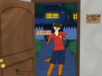 black_body black_fur black_hair blue_bottomwear blue_clothing blue_eyes blue_shorts bottomwear box clothing cocked_hip container delivery_(commerce) delivery_employee door doorway ears_down food_carrier food_delivery frown fur grumpy hair hand_on_hip logo_on_shirt looking_away male orange_body orange_fur outside oversized_t-shirt pivoted_ears pizza_box pizza_delivery pizza_delivery_carrier prosthetic prosthetic_arm prosthetic_limb red_clothing red_shirt red_t-shirt red_topwear robot_arm shirt short_hair shorts solo t-shirt tail tan_body tan_fur topwear work_uniform zaraunitymasters rokus_(zaraunitymasters) canid canine fox mammal 4:3 cel_shading hi_res shaded watermark