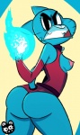 angry anthro blue_body blue_fur breasts butt clothed clothing female fire_hand fur mature_anthro mature_female nipples side_boob solo kingraam cartoon_network the_amazing_world_of_gumball nicole_watterson domestic_cat felid feline felis mammal