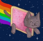 ambiguous_gender food fur grey_body grey_fur rainbow rainbow_trail solo space star tail unknown_artist nyan_cat_(copyright) pop-tarts nyan_cat domestic_cat felid feline felis food_creature hybrid mammal low_res meme