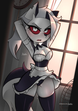 anthro biped black_nose bodily_fluids clothing detailed_background female fur legwear looking_at_viewer open_mouth pupils red_sclera solo standing sweat tail thigh_highs underwear white_body white_eyes white_fur jizoku hellaverse helluva_boss mythology loona_(helluva_boss) canid canid_demon canine demon hellhound mammal mythological_canine mythological_creature 2025 absurd_res hi_res