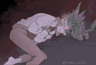 anthro bodily_fluids crying duo eyewear glasses kneeling licking_tears lying male on_side round_glasses tears tongue tongue_out sutan_sutata bandai_namco digimon digimon_beatbreak tomoro_tenma digimon_(species) gekkomon human mammal hi_res