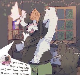 anthro bed bedroom blush body_hair bulge chester-bandit clothing detailed_background duo embarrassed flustered furniture gummy-chews male male/male night speech_bubble tail tail_motion tailwag tuft underwear gummy_doge1619 canid canine mammal