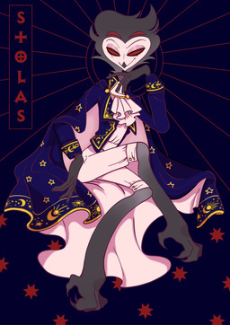 4_eyes anthro cape clothed clothing male moon multi_eye red_eyes smile solo star sun white_face thegaym90824320 hellaverse helluva_boss stolas_(helluva_boss) avian bird demon owl absurd_res hi_res