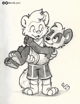 anthro bottomwear closed_smile clothed clothing duo front_view holding_another logo male mouth_closed open_mouth open_smile shorts side_view simple_background smile standing topless young young_anthro young_male pandapaco parinton bear giant_panda mammal species_request artist_logo hi_res monochrome signature sketch