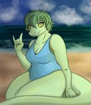 5_fingers anthro beach big_breasts blue_sky breasts cleavage clothed clothing curvy_figure detailed_background devil_horns_(gesture) female fingers freckles gesture green_body green_hair green_scales grey_eyes hair hand_gesture long_tail looking_at_viewer one-piece_swimsuit outside scales sea seaside short_hair sitting sky slightly_chubby slightly_chubby_anthro slightly_chubby_female smile snout solo swimwear tail thick_thighs voluptuous water wide_hips yellow_sclera dakarosnagtria cavemanon_studios i_wani_hug_that_gator olivia_halford baryonyx dinosaur prehistoric_species reptile scalie spinosaurid theropod 2024 digital_drawing_(artwork) digital_media_(artwork) hi_res