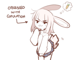 anthro blush bottomwear clothing directional_arrow female hair simple_background skirt smile smug solo sweater tail tail_motion tailwag text thought_bubble topwear white_background white_clothing white_hair white_sweater white_topwear orenjipiiru lagomorph leporid mammal rabbit 2026 digital_media_(artwork) english_text hi_res