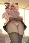 accessory anthro bell_choker big_breasts blue_eyes bow_ribbon breasts clothed clothing clothing_lift cowbell dress dress_lift female front_view hair hair_accessory hair_bow hair_over_eye hair_ribbon legwear low-angle_view panties ribbons skindentation solo thigh_highs underwear upskirt white_hair alphadesu ann_the_sheep bovid caprine mammal sheep absurd_res hi_res
