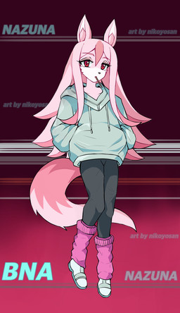 anthro clothed clothing female food footwear fur hair hoodie leg_warmers legwear long_hair pink_body pink_eyes pink_fur pink_hair shoes solo topwear nikoyosan brand_new_animal pocky studio_trigger nazuna_hiwatashi canid canine fox mammal absurd_res hi_res
