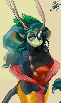 anthro antlers big_breasts biped breasts cleavage clothed clothing female female_anthro green_hair hair high-angle_view horn markings robe scale_markings scales simple_background solo standing tail mighty-whydah glitzy hybrid 2020 3:5 digital_media_(artwork) digital_painting_(artwork) hi_res painting_(artwork)