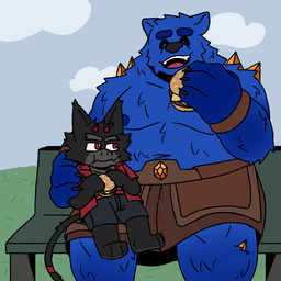 anthro armband bench black_body black_fur blue_body blue_fur bottomwear burger clothing crystal duo food fur horn jacket kilt long_tail male overweight shorts size_difference tail topwear sirozinn kemo sungo bear kryro lushu mammal 1:1 hi_res