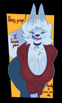 anthro bent_over big_breasts black_collar bottomwear breasts cleavage clothed clothing collar denim denim_bottomwear denim_clothing ears_up eye_bags eyewear female front_view fur glasses hanging_breasts i_love_you inner_boob jeans leaning leaning_forward looking_at_viewer narrowed_eyes neck_tuft pants pupils red_clothing red_pupils red_sweater red_tongue red_topwear simple_background smile solo sweater talking_to_viewer teeth text tongue topwear tuft white_body white_fur yellow_background yellow_sclera yellow_teeth bigjazz mommie_(bigjazz) canid canine mammal 2025 absurd_res digital_media_(artwork) hi_res