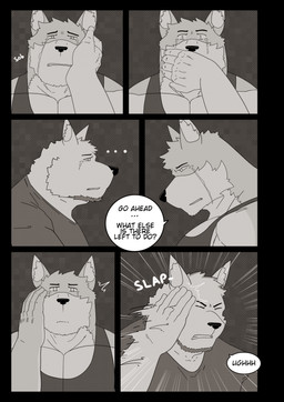5_fingers anthro bodily_fluids clothing crying dialogue duo eyes_closed fingers humanoid_hands male shirt tears text topwear alfredblaze alfred_blaze_(character) lance_anders canid canine canis mammal wolf 2025 comic english_text hi_res