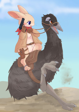 3_toes ambiguous_gender anthro beak belt black_body blue_eyes blush bottomless brown_clothing claws clothed clothing day duo feathers feet feral fur gloves grey_beak gun handgun handwear holding_object kerchief neckerchief neckwear open_mouth orange_eyes outside pistol ranged_weapon reins size_difference sky tail tan_body tan_clothing tan_fur toes topwear weapon whiskers fusau avian bird emu lagomorph leporid mammal rabbit ratite 2023 absurd_res digital_media_(artwork) hi_res