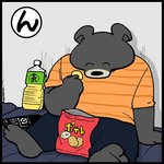 anthro black_nose bottomwear clothing eyes_closed food humanoid_hands overweight overweight_anthro pants shirt sitting solo text topwear yuumin148 bear black_bear mammal moon_bear ursine 1:1 2020 japanese_text