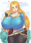 2020 accessory big_breasts blonde_hair blue_eyes blush breasts breath_of_the_wild clothed clothing emanata exclamation_point female fingerless_gloves fully_clothed gloves hair hair_accessory hairclip handwear hi_res huge_breasts humanoid humanoid_pointy_ears hylian long_hair looking_at_viewer nintendo not_furry pinkkoffin princess_zelda solo the_legend_of_zelda