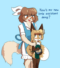 anthro apron apron_only blue_background blush brown_body brown_eyes brown_fur brown_hair chest_tuft clothing countershading digitigrade dipstick_tail duo female female/female fluffy fluffy_chest fluffy_tail food fur gloves_(marking) green_eyes hair hand_on_head hand_on_shoulder kitchen_utensils leg_markings looking_at_another markings ribbons simple_background size_difference socks_(marking) tail tail_markings tan_body tan_fur text tools tuft whisk white_body white_fur aigsaft conditional_dnp averi_(fiddleafox) elka_(fiddleafox) bird_dog canid canine canis cavalier_king_charles_spaniel domestic_dog fox hunting_dog mammal red_fox spaniel toy_dog true_fox digital_drawing_(artwork) digital_media_(artwork) english_text