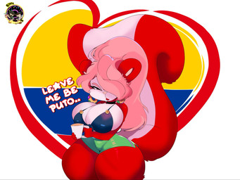 abstract_background anthro beverage big_breasts big_tail black_eyes blue_bikini_top bottomwear breasts choker clothed clothing coffee colombian_flag curvy_figure dialogue dolphin_shorts ear_piercing ear_ring eyelashes female fluffy fluffy_tail fur green_bottomwear green_clothing green_shorts hair hair_over_eye huge_breasts huge_hips huge_tail huge_thighs jewelry long_hair long_tail looking_at_viewer multicolored_body multicolored_fur necklace piercing pink_hair red_body red_fur ring_piercing shorts skimpy solo tail talking_to_viewer text thick_thighs two_tone_body two_tone_fur voluptuous voluptuous_anthro voluptuous_female white_body white_fur wide_hipped_anthro wide_hipped_female wide_hips inkit89 chicle_(inkit89) mammal mephitid skunk 2025 4:3 artist_name digital_drawing_(artwork) digital_media_(artwork) english_text hi_res watermark