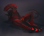 4_fingers 4_toes animal_genitalia anthro athletic back_spikes chevron_(marking) claws crawling erection exposed_teeth eyeless feet fingers genital_slit genitals half-erect male markings nude open_mouth peeking_penis penis penis_tip presenting presenting_slit red_body red_penis red_skin simple_background solo spiked_tail spikes spikes_(anatomy) spread_slit tail tail_markings tail_spines teeth toe_claws toes tres-art alien_(franchise) armageddon_(geco) alien monster xenomorph 2024 digital_media_(artwork) hi_res