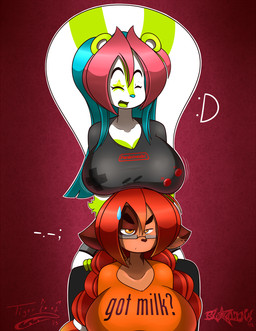 :d anthro big_breasts blue_hair boob_hat breasts brown_body brown_fur clothed clothing duo eyewear female fur glasses green_body green_fur grumpy hair orange_eyes orange_hair pink_hair shirt smile tan_body tan_fur text text_on_clothing text_on_shirt text_on_topwear topwear white_body white_fur blaqink tiger1001 got_milk? anahi_(tiger1001) panini_(blaqink) bovid bovine cattle mammal mephitid skunk 2013 english_text hi_res meme