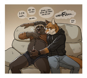 anthro average_penis balls belly bodily_fluids body_hair border bottomwear brown_body brown_fur bulge chest_hair chest_tuft clock clothed clothing clothing_lift cum cumshot dialogue dirty_talk duo ejaculation erection eyebrows eyewear foreskin fur furniture genital_fluids genitals glans glasses gloves_(marking) good_boy handjob humanoid_genitalia humanoid_penis male male/male markings orange_body orange_fur orgasm orgasm_face overweight overweight_anthro overweight_male pants partially_clothed partially_retracted_foreskin penile penis pink_glans precum precum_through_clothing realistic_penis_size sex shirt shirt_lift sitting sofa speech_bubble sweater text thick_eyebrows topwear tuft underwear watch wet wet_clothing white_border rayfkm canid canine fox gulonine mammal mustelid musteline wolverine english_text hi_res