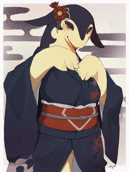 anthro asian_clothing blush blush_lines clothed clothed_anthro clothing east_asian_clothing female flower_accessory fur japanese_clothing kimono looking_at_viewer purple_body purple_fur red_eyes solo tan_body tan_fur sme4 nintendo pokemon generation_8_pokemon hisuian_form hisuian_typhlosion pokemon_(species) regional_form_(pokemon) hi_res