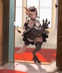 anthro areola biped black_clothing black_legwear black_stockings breasts camel_toe claws clothing dewclaw female female_anthro garter_straps gloves handwear horn inside kick kicking_door legwear looking_at_viewer maid_headdress maid_uniform medium_breasts nipples non-mammal_breasts non-mammal_nipples orange_eyes panties pupils slit_pupils solo stockings thick_thighs toe_claws underwear undressing uniform white_clothing white_panties white_underwear crestfallenartist kobold scalie 2025 digital_media_(artwork) hi_res
