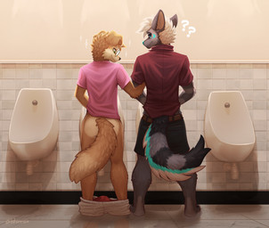 anthro black_body black_fur blue_body blue_fur bottomwear bottomwear_down brown_body brown_fur clothed clothing confusion duo eyewear fur glasses looking_down male male/male multicolored_body multicolored_fur pants pants_down partially_clothed peeing peeing_into_urinal peeing_together question_mark rear_view shirt shorts standing topwear underwear underwear_down urinal urinal_peeking wearing_glasses sir_ishinn max_fluffy canid canine canis domestic_dog mammal digital_media_(artwork) digital_painting_(artwork) hi_res painting_(artwork)