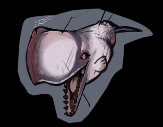 ambiguous_feral ambiguous_gender black_sclera black_teeth blood bodily_fluids bubble feral front_view grey_background grey_body harpoon melee_weapon polearm red_tongue sharp_teeth simple_background solo spear teeth tongue weapon white_body white_eyes swampjaws aquatic cetacean mammal whale hi_res