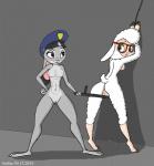 anthro arms_above_head baton blinking bound breasts butt butt_from_the_front chain chained clothing duo eyewear female female/female genitals glasses green_eyes half-closed_eyes hand_on_hip hat headgear headwear hitting long_ears looking_back narrowed_eyes plump_labia police police_hat purple_eyes pussy rear_view restrained side_boob smile spread_legs spreading unprofessional_behavior antira disney zootopia dawn_bellwether judy_hopps bovid caprine domestic_sheep lagomorph leporid mammal rabbit sheep 2016 2d_animation animated motion_tweening short_playtime