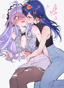 accessory ahoge bite_mark black_clothing black_shirt black_topwear blue_hair blush blush_lines bodily_fluids bottomwear breasts cleavage clothed clothing denim denim_bottomwear denim_clothing denim_shorts duo ear_blush ear_piercing embarrassed eyewear eyewear_on_head fangs female female/female fishnet_clothing fishnet_legwear fishnet_pantyhose glasses glasses_on_head green_eyes hair hair_accessory hair_over_eye hairclip heart_ahoge heart_symbol hug human_on_humanoid humanoid_pointy_ears interspecies jeans kiss_mark legwear long_hair maid_headdress medium_breasts not_furry open_mouth pants pantyhose piercing pink_eyes pointy_ears purple_hair question_mark shirt shocked shorts simple_background sleeveless_shirt sunglasses sunglasses_on_head surprised sweat sweaty_body teeth text thick_thighs topwear torn_clothing torn_legwear torn_pantyhose white_background wide_hips worried qiandaiyiyu mihoyo zenless_zone_zero belle_(zenless_zone_zero) vivian_banshee elf human humanoid mammal absurd_res digital_drawing_(artwork) digital_media_(artwork) hi_res url