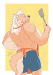 anthro apron back_muscles biped black_nose blue_bottomwear blue_clothing blue_shorts border bottomwear brown_body brown_fur bulge butt cheek_tuft clothing eyebrows facial_scar facial_tuft fangs fluffy fluffy_tail fur hair hand_behind_back head_tuft holding_object holding_tool humanoid_hands inner_ear_fluff kemono looking_at_viewer looking_back looking_back_at_viewer male mane multicolored_body multicolored_fur muscular muscular_anthro muscular_male rear_view red_eyes scar shorts simple_background snout snout_scar solo spatula tail tail_aside tan_body tan_fur teeth tools tuft tusks two_tone_body two_tone_fur white_body white_border white_eyebrows white_fur white_hair white_mane yellow_background zenon_s2017 lifewonders tokyo_afterschool_summoners marchosias_(tas) canid canine canis demon mammal wolf 2020 absurd_res hi_res portrait signature three-quarter_portrait