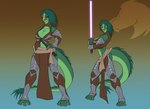 anthro anthrofied armor bottomwear breasts brown_eyes cleavage clothed clothing female female_anthro fighting_pose green_body green_hair green_scales hair hand_on_hip jedi lightsaber loincloth looking_at_viewer melee_weapon midriff pose purple_lightsaber scales solo weapon toughset star_wars lizard reptile scalie varactyl 2022