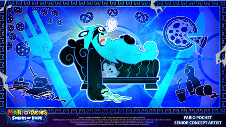 anthro beard black_body black_bottomwear black_clothing black_fur black_pants black_pillow black_sofa black_teeth blue_background blue_beard blue_facial_hair blue_hair blue_inner_ear blue_line_art bottle bottomwear cake chips_(food) clothed clothed_anthro clothed_male clothing container cookie copyright_symbol cup cutlery dessert drinking_straw facial_hair featureless_feet feet food fork fur furniture hair hand_on_own_belly holding_food holding_object holding_pizza kitchen_utensils knife long_beard long_ears lying lying_on_sofa male male_anthro mitten_hands nose_bubble on_sofa open_mouth pants pillow pizza pizza_slice plushie pretzel_(food) red_tongue side_view simple_background sleeping sofa solo spilled_drink symbol teddy_bear teeth text title tongue tools white_eyelids year fabio_pochet mario_bros mario_plus_rabbids_sparks_of_hope nintendo raving_rabbids rayman_(series) ubisoft augie_(mario_plus_rabbids) lagomorph mammal rabbid 16:9 2022 4k absurd_res artist_name colored colored_line_art crossover digital_drawing_(artwork) digital_media_(artwork) english_description english_text hi_res official_art widescreen