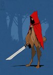 2023 anthro breasts canid canine cloak_only conditional_dnp fairy_tales female forest hidden_eyes jollyjack little_red_riding_hood little_red_riding_hood_(copyright) mammal melee_weapon mostly_nude muscular muscular_arms mythological_canine mythological_creature mythology paws plant shadow_face solo sword tree under_boob weapon were werecanid werecanine werewolf