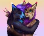 5_fingers anthro black_body black_fur blue_eyes brown_body brown_fur duo eyes_closed fingers fur gradient_background hair looking_at_viewer purple_hair simple_background smile whiskers goldendruid gale_frostbane strobes felid feline lynx mammal 2019 digital_media_(artwork)