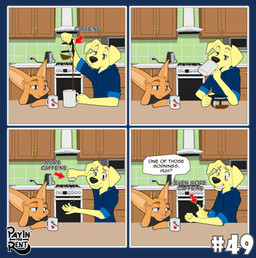 anthro beverage caffeine coffee coffee_mug drinking duo humor kitchen male sitting text ariesartist ben_(ariesartist) roger_(ariesartist) bird_dog canid canine canis domestic_dog fennec_fox fox hunting_dog labrador mammal retriever true_fox alpha_channel comic english_text hi_res