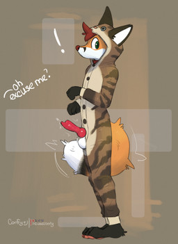 animal_genitalia animal_penis anthro balls barefoot bodily_fluids canine_genitalia canine_penis clothing erection feet genital_fluids genitals kigurumi knot knotted_penis looking_at_viewer male onesie pawpads penis pink_penis precum solo toes white_balls conditional_dnp cuteconfy canid canine fox mammal hi_res