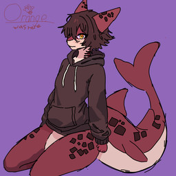 anthro blush blush_lines brown_clothing brown_hair brown_hoodie brown_topwear clothing dorsal_fin femboy fin gills hair hoodie kneeling male markings red_body red_scales scales slim solo spots spotted_markings topwear yellow_eyes orangecan taranaeus aquatic fish requiem_shark shark tiger_shark 1:1 absurd_res hi_res