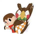 anthro bow_tie duo humor male scared screaming torture magictukai_aaaa animal_crossing nintendo blathers_(animal_crossing) villager_(animal_crossing) arthropod avian bird human mammal owl animated no_sound short_playtime webm