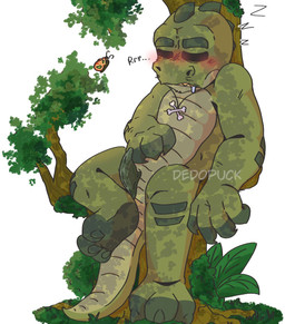 anthro blush bodily_fluids claws drooling genitals jewelry lying male necklace plant saliva sleeping solo text tree dedopuck_(artist) mob_entertainment nightmare_critters poppy_playtime allister_gator_(poppy_playtime) alligator alligatorid arthropod butterfly crocodilian insect lepidopteran reptile scalie hi_res
