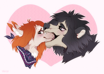 black_hair blush cheek_tuft chin_tuft closed_smile duo ear_tuft eyelashes facial_tuft fangs female feral fur glistening glistening_eyes gradient_hair grey_eyes grey_hair hair heart_background heart_symbol looking_aside male male/female mouth_closed muzzle_in_mouth narrowed_eyes nom open_mouth orange_hair side_view simple_background smile tan_body tan_fur teeth tuft unsigned santanahoffman bear canid canine mammal 2021 digital_media_(artwork) hi_res