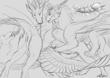 anal anal_knotting anal_penetration anus balls bisexual bisexual_sandwich bodily_fluids butt butt_grab claws cum cum_in_ass cum_inside cum_on_penis cum_on_tongue deep_throat ejaculation erection feathered_wings feathers fellatio female feral feral_on_feral from_behind_position fur genital_fluids genitals grin group group_sex hand_on_butt horn internal knot knotting long_tongue male male/female male/male male_penetrating mane mounting one_eye_closed one_leg_up oral oral_penetration orgasm penetration penile penis quadruped raised_leg raised_tail ridged_penis sandwich_position scales sex side_view simple_background smile spread_wings step_pose step_position tail threesome tongue tongue_out trio vulva white_background wings yaroul european_mythology mythology akearyu_(kalemendrax) arikara kalemendrax_(kalemendrax) dragon feathered_dragon feathered_scalie furred_dragon furred_scalie mythological_creature mythological_scalie reptile scalie western_dragon 2017 black_and_white digital_drawing_(artwork) digital_media_(artwork) monochrome sketch